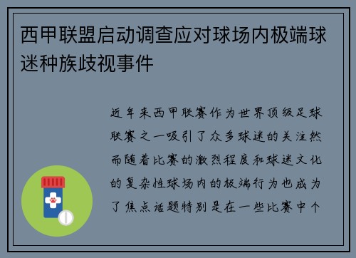 西甲联盟启动调查应对球场内极端球迷种族歧视事件 西甲联盟启动调查应对球场内极端球迷种族歧视事件